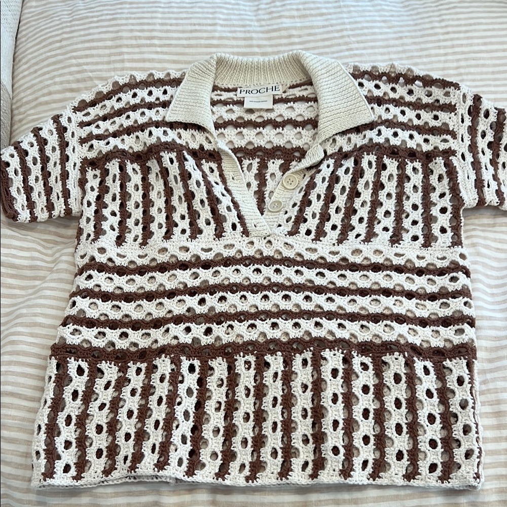 NWOT PROCHE STRIPED OPEN CROCHET POLO, COCOA, MD